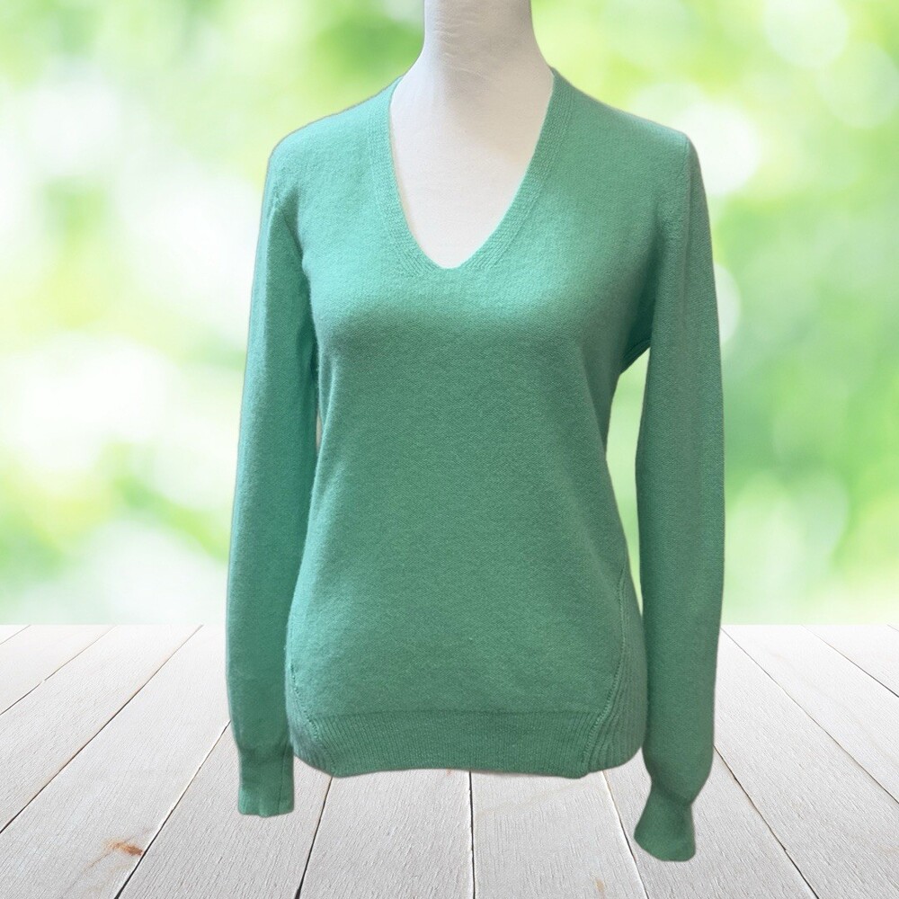 360 SWEATER Cashmere V Neck Pullover Lightweight Jade Green Mixed Knit Size M